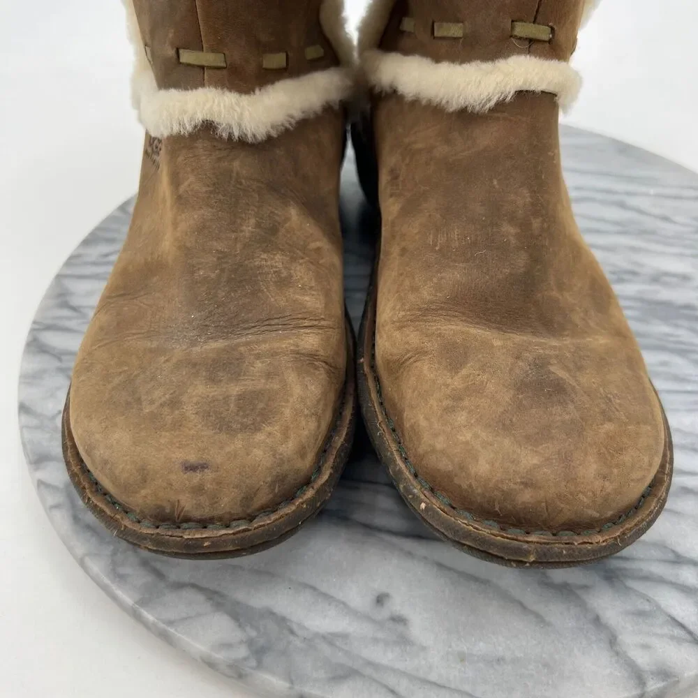 UGG Womens‎ 9 Boots Elijo Brown Leather Cuff Lined Sheepskin Faux Fur Shearling